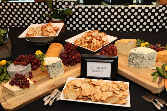 Assorted Cheese Platter Gluten-Free Crackers Bread Slices Fresh Grapes
