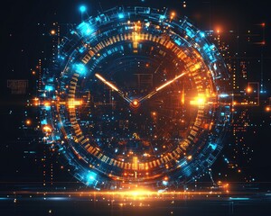 Glowing futuristic clock face with detailed circuits. A digital clock, radiating orange and blue light, showcases intricate circuitry, forming a tech-forward 