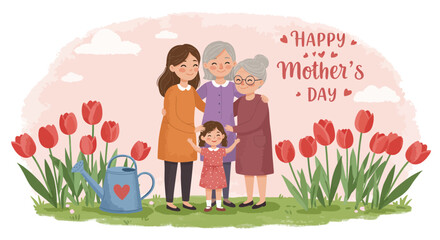 A heartwarming illustration celebrating mother's day with three generations together