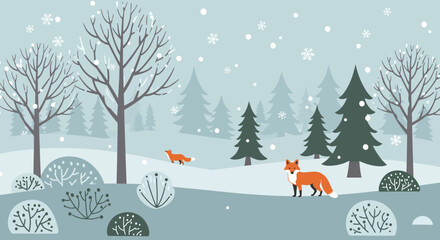 Winter landscape illustration with foxes in a forest scene in minimalistic style