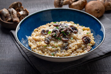 Risotto with porcini and champignon mushrooms in plate