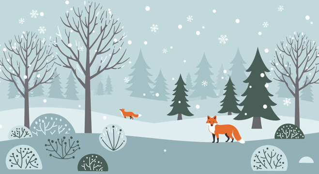 Winter landscape illustration with foxes in a forest scene in minimalistic style