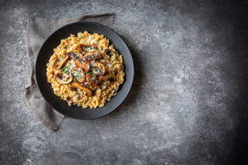 Risotto with porcini and champignon mushrooms in plate