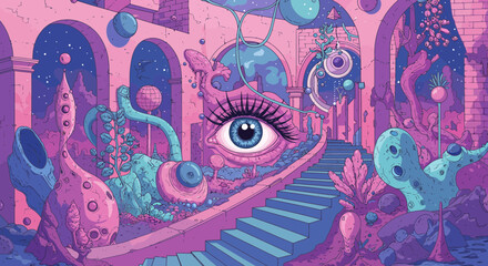 Naklejka premium Surreal Dreamscape: A whimsical eye gazes over an architectural wonder with colorful elements