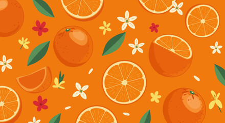 Vibrant orange themed pattern featuring fresh citrus fruit and floral decorations