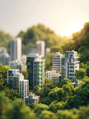 Obraz premium A modern cityscape nestled among lush greenery, showcasing sustainable architecture with buildings integrated into a natural landscape.