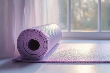 Rolled up yoga mat near a window, inviting mindfulness and a peaceful exercise session in soft light.