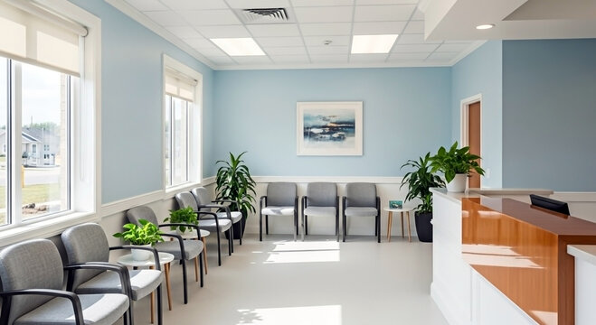 Freshly painted baby blue medical facility corridor, banner for painting company or medical industry website, brochure, flyer or commercial ad