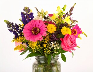 Obraz premium Realistic Bouquet of Mixed Wildflowers in Mason Jar, Colorful and Isolated on White