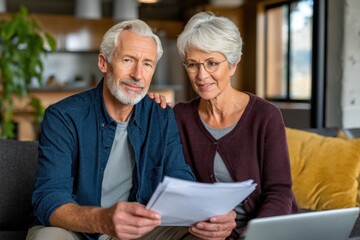 Mature couple reviewing financial documents and using a laptop together, planning their future retirement.