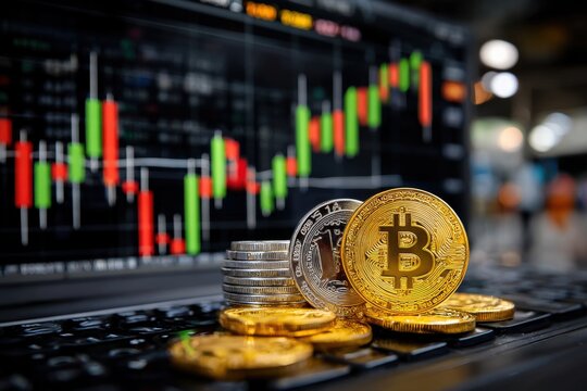 Cryptocurrency trading concept with Bitcoin coins and market chart display.