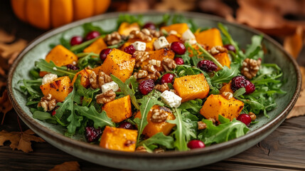 Autumn salad featuring roasted squash, walnuts, and cranberries on a rustic wooden table