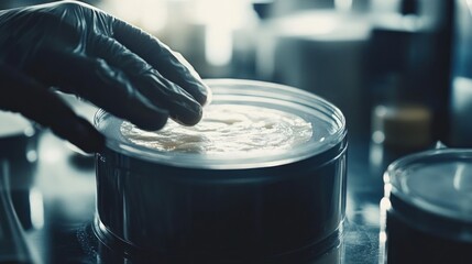 Crafting Skincare:  A Gloved Hand Gently Smooths a Creamy Substance in a Laboratory Setting, Highlighting the Precision and Care in Cosmetic Production.