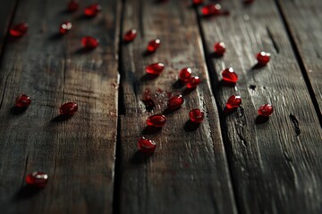 Scattered pomegranate seeds create a vibrant red accent on rustic, dark wooden boards, evoking a sense of natural elegance.