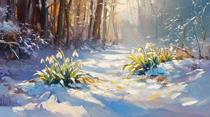 Snow-covered scenery, pine branches with red winter berries, impasto palette knife painting, frosty background