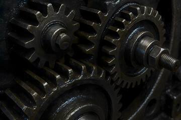 Fototapeta premium Close up view of an industrial machine with visible interlocking metal gears, mechanical components, and precision engineering details used in manufacturing and machinery