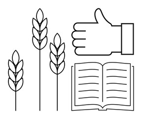 Wheat stalks next to an open book and thumbs-up gesture for knowledge, learning, farming, sustainability, education, agricultural practices, and eco-friendly development. Ideal for agriculture