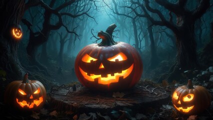Fototapeta premium Sinister Jack-o'-Lantern's Fiery Grin in a Blue-Misted, Haunted Forest