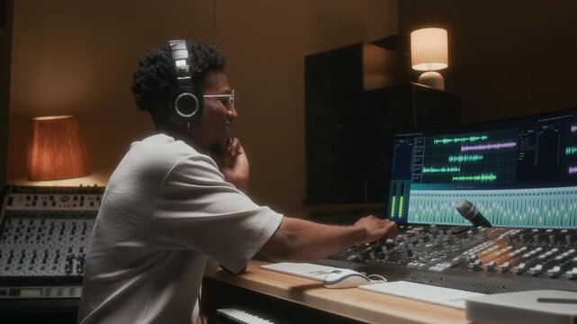 Side view shot of smiling African American sound engineer editing tracks on screen while working at audio workstation in recording studio