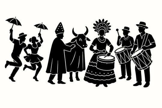Black silhouette image of a group of people, wearing festive costumes, and playing musical instruments. The scene is of cultural celebration. Bumba Meu Boi