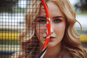 Blonde Woman Holding Tennis Racket Splitting Her Face, Dynamic Sports Portrait on Court with Creative Composition