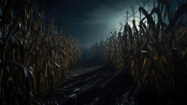 Sinister Moonlit Path Leading Through a Dark, Withered Cornfield