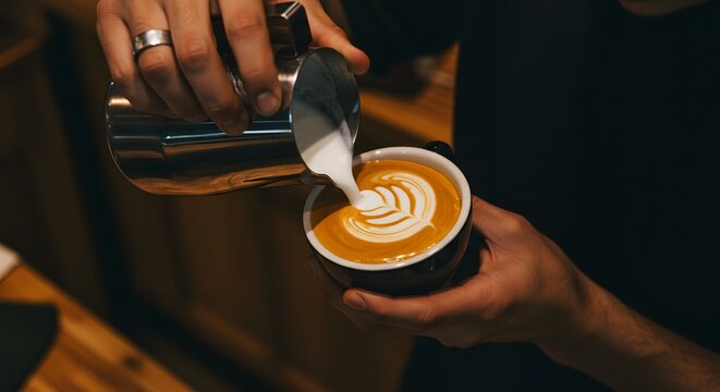 Barista pouring milk into coffee cup, creating latte art, close-up shot, coffee shop