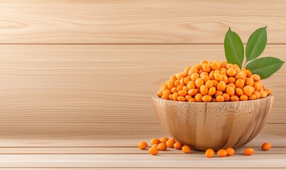 A wooden bowl overflows with bright orange, round snacks, garnished with green leaves, set against a light wood backdrop. Some snacks are scattered. The scene is well-lit and inviting