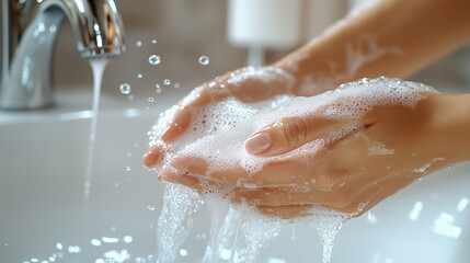 Fototapeta premium Hands washing with soap under running water in a modern bathroom sink during daytime