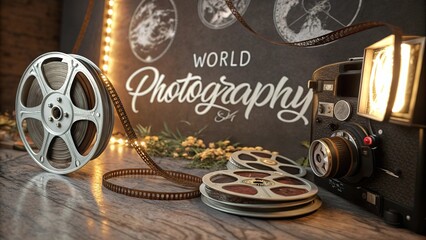 World Photography Day, Artistic swirl of vintage film reels and negatives in retro cinematic style.