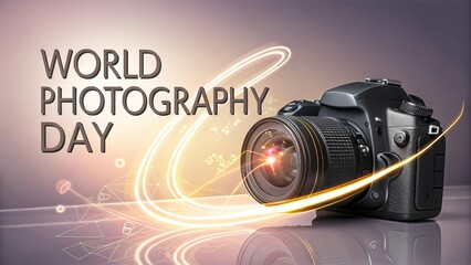 World Photography Day, DSLR camera on a reflective surface with glowing lights.