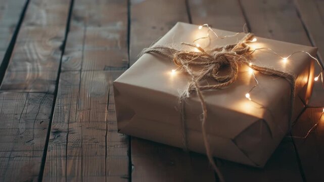 The gift box is wrapped in brown paper and topped with a string bow. Inside, there are lit candles that add a warm glow to the presentation.
