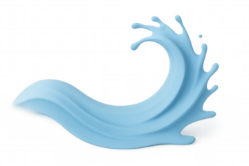 Blue liquid creating dynamic curved wave with splashing droplets, revealing fluid motion against transparent background for graphic design enhancement