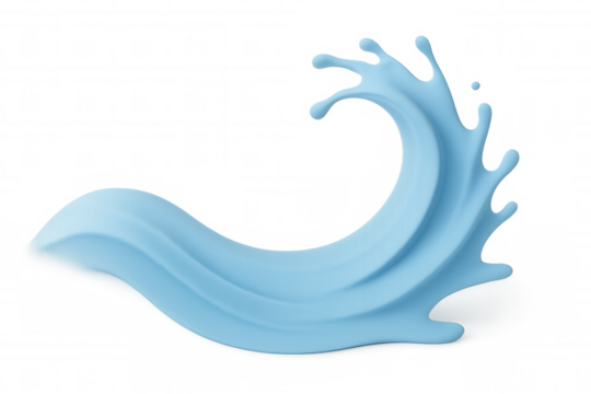 Blue liquid creating dynamic curved wave with splashing droplets, revealing fluid motion against transparent background for graphic design enhancement