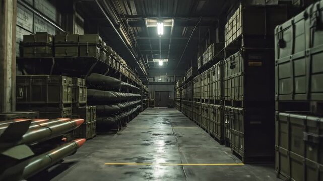 Ammunition Warehouse Interior Showing Rows of Green Missiles and Crates Stacked High in a Metallic Industrial Setting with Strategic Defense Equipment
