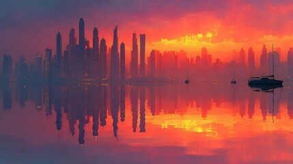 Fototapeta premium Abstract Art of Vertical Glowing Columns in Red, Orange, and Purple Shades, Forming an Illuminated City Skyline with Water Surface Reflections, Modern Digital Illustration with Geometric Shapes and a 