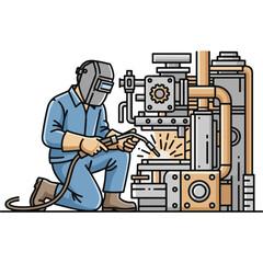 A worker in protective gear welds metal on a complex industrial machine.