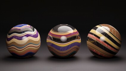 Fototapeta premium Three vibrant layered spheres, studio shot, dark background, decorative objects
