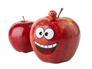 Happy red apple with cartoon face and worm isolated on transparent background