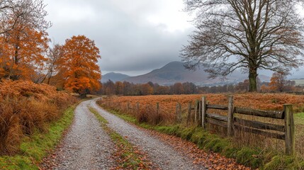 Naklejka premium Autumnal country lane, hills, overcast sky, nature wallpaper