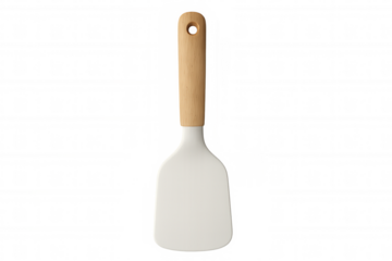 Wooden-handled kitchen spatula featuring silicone head, professional cooking utensil resting against white background