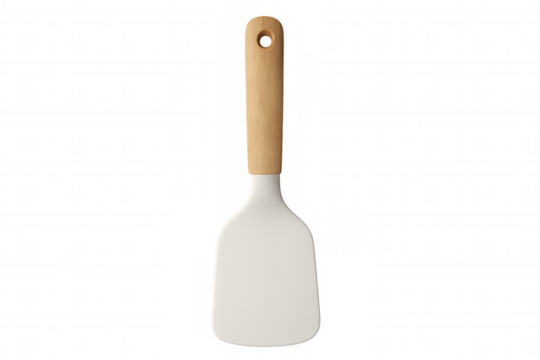 Wooden-handled kitchen spatula featuring silicone head, professional cooking utensil resting against white background