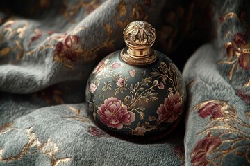 An ornate perfume bottle, adorned with pink flowers and gold vines, rests elegantly on a plush, floral-patterned gray fabric backdrop.
