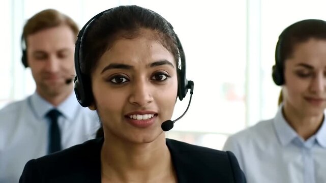 A diverse team of customer service representatives wearing headsets, focused on assisting clients in a modern call center environment.