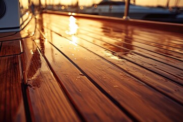 Sunlit, glossy wooden deck with water droplets, featuring reflections and a nautical ambiance at sunset.