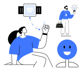 Fitness-focused individual syncing data to a smartwatch, a professional with a bright idea, and a cheerful face icon. Ideal for health tech, collaboration, innovation, fitness, creativity