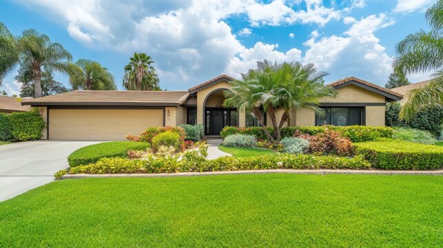 Suburban house, landscaped yard, sunny day, residential area, real estate listing - Powered by Adobe