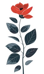 Red flower, stem, leaves, white background, graphic design, print