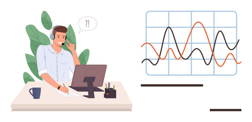 Man in headset talking and reviewing graph on monitor, papers and mug on desk. Ideal for customer service, business analysis, remote work, teamwork, communication, data tracking, troubleshooting