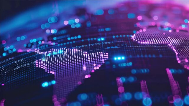 Neon lit globe in a digital world with binary code and glowing lights. High-tech concept of global connectivity.
